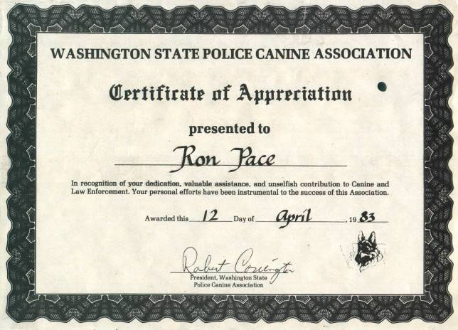 Certificate of appreciation presented to Ron Pace